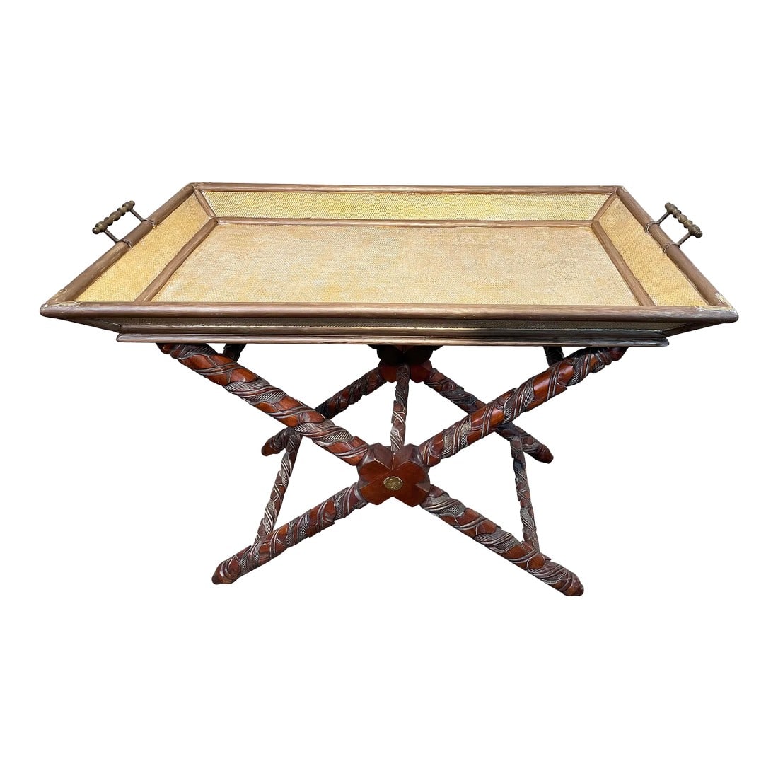 Vintage Exquisite Tray Side Table, White and Gold Lacquered Straw Tray Table Top, (1 of 12)