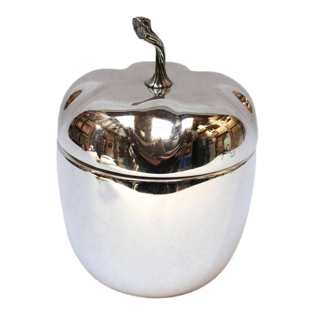 Italian Modernist Silver-Plated "Pepper" Ice Bucket With Neon Green Interior: Charming Mid-Century Italian Modern ice bucket resembling both a bell pepper and an acorn with silver plate exterior and neon green plastic interior. Features a heavily textured, sculptural stem that