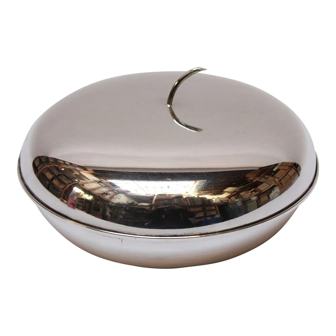 Mid-Century Italian Modern Silver-Plated Round Lidded Serving / Candy Dish: Italian silver-plated round snack/candy/serving dish with lidded top (ca. 1960s, Italy). This is a shorter, uninsulated version of fruit and vegetable-formed ice buckets made in Italy and France in th