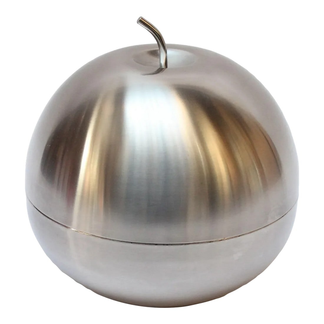 Vintage Italian Brushed Stainless Steel "Apple" Ice Bucket by Morinox: Italian Modernist "apple-form" brushed stainless steel ice bucket (ca. 1970s, Italy). Features a sculptural stem decoration that serves as the handle for removing the top. The bucket is uninsulated
