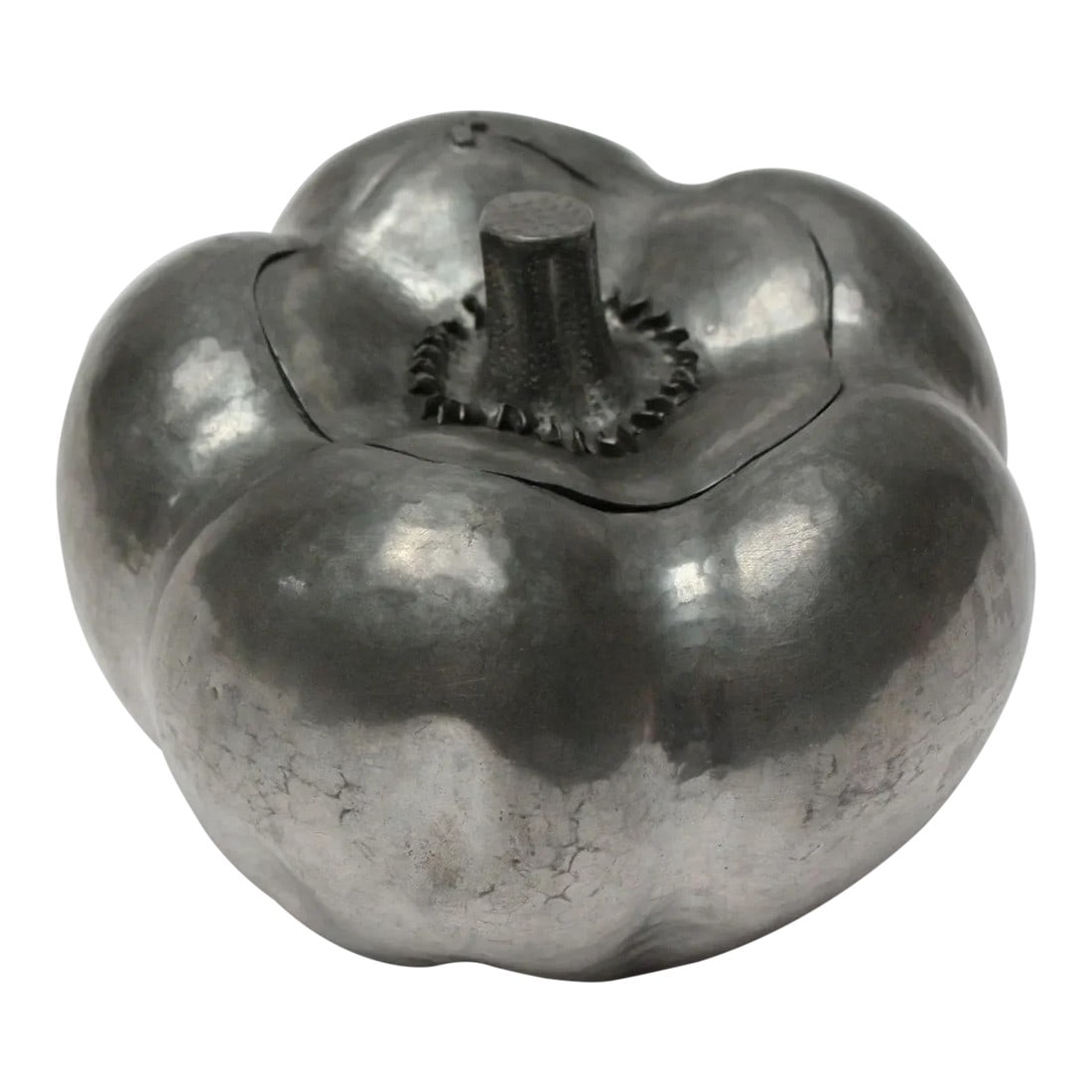 Italian Modernist Pewter "Pumpkin" Ice Bucket: Mid-Century Italian Modern "pumpkin-form" pewter ice bucket (ca. late 1950s/early 1960s, Italy). Features a sculptural stem decoration that serves as the handle for removing the top. The bucket is