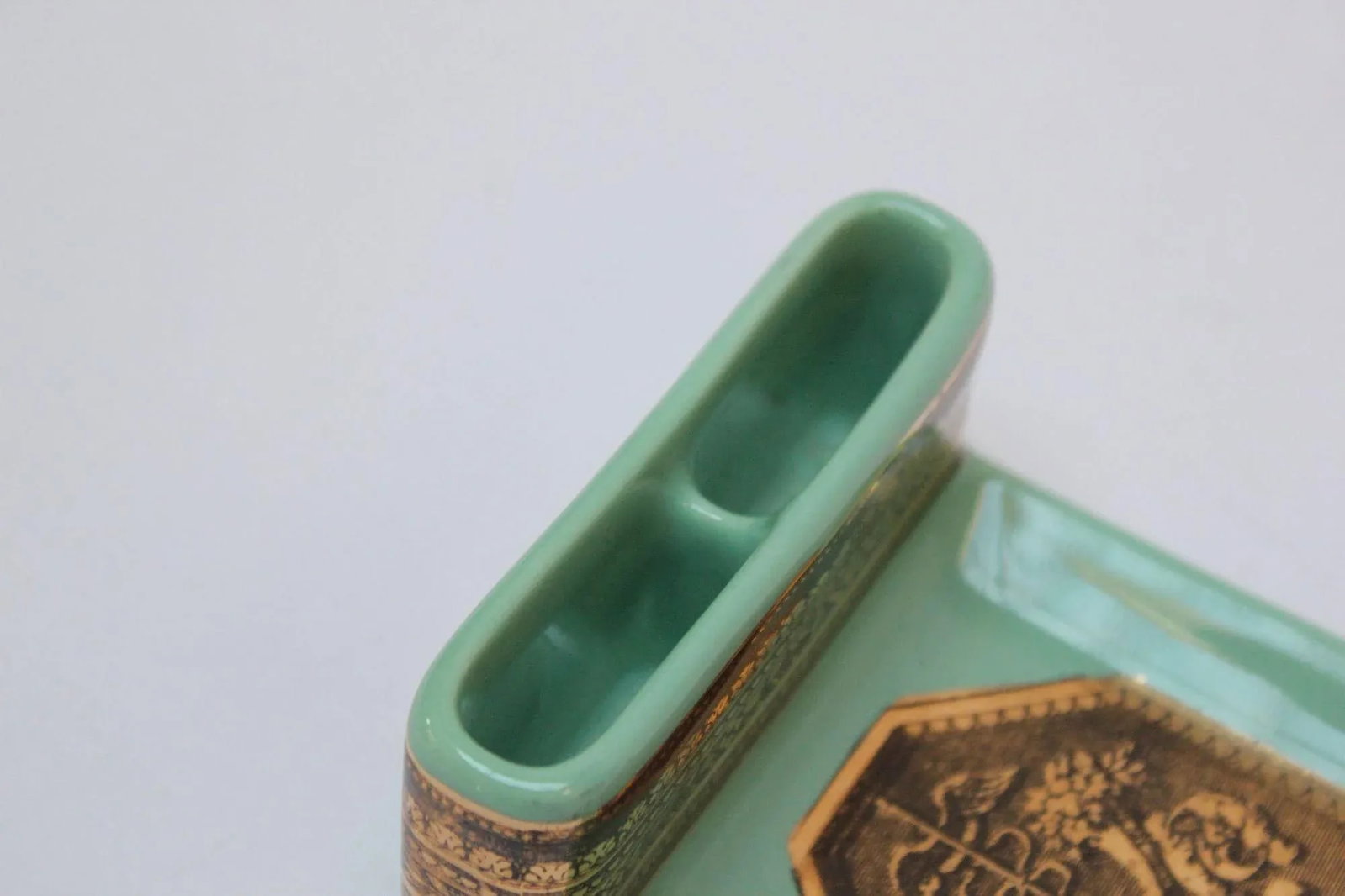 Vintage Piero Fornasetti "Caduceus" Lithograph Gilt Porcelain Green Ashtray - 10