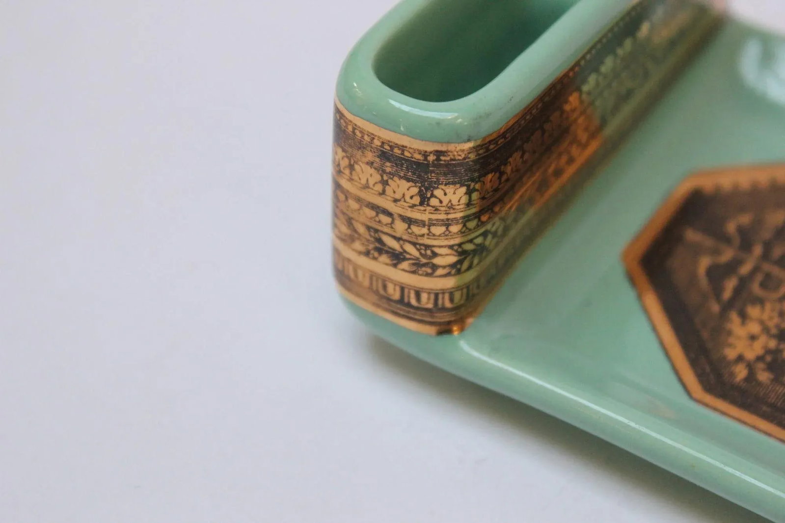 Vintage Piero Fornasetti "Caduceus" Lithograph Gilt Porcelain Green Ashtray - 11