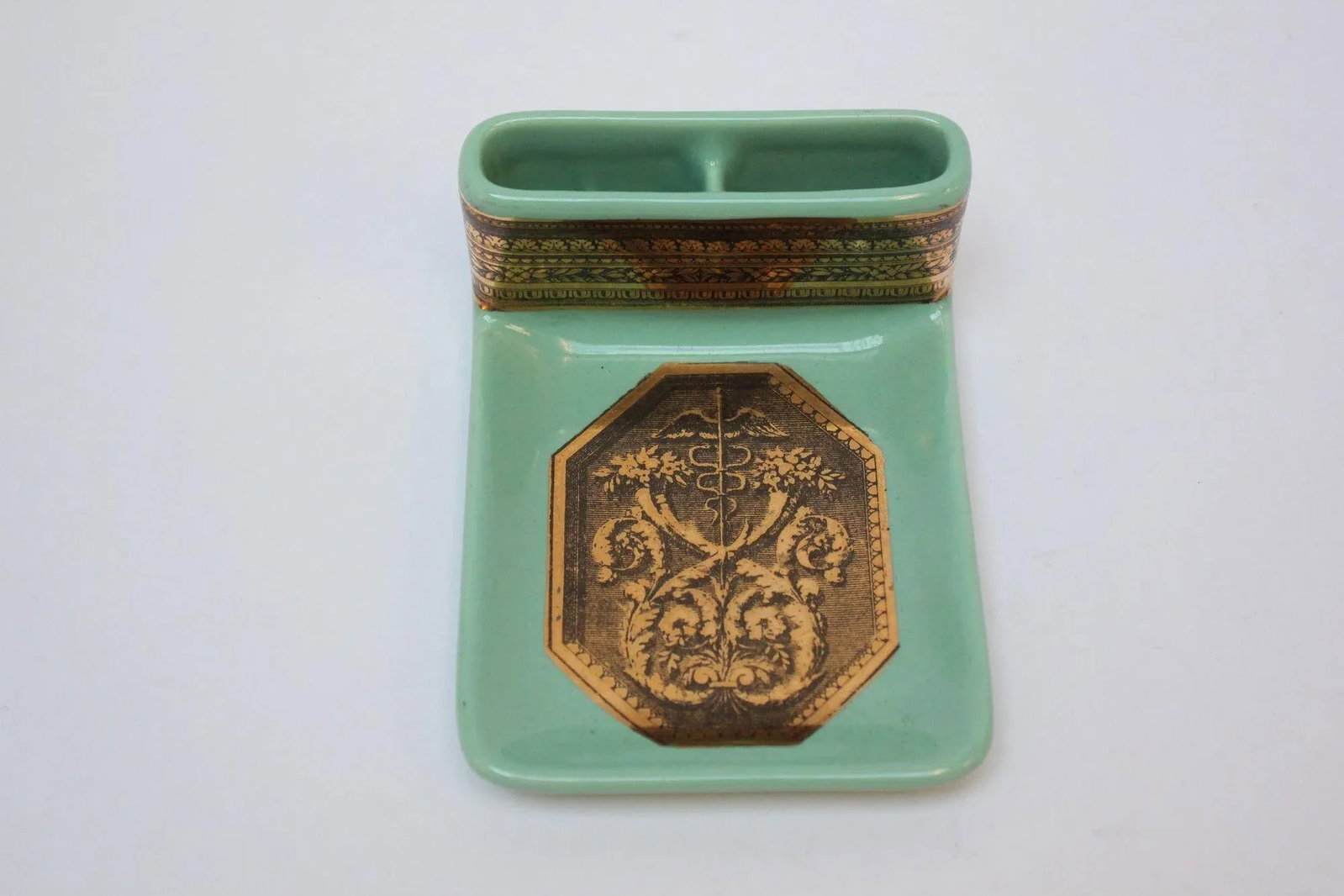 Vintage Piero Fornasetti "Caduceus" Lithograph Gilt Porcelain Green Ashtray - 13