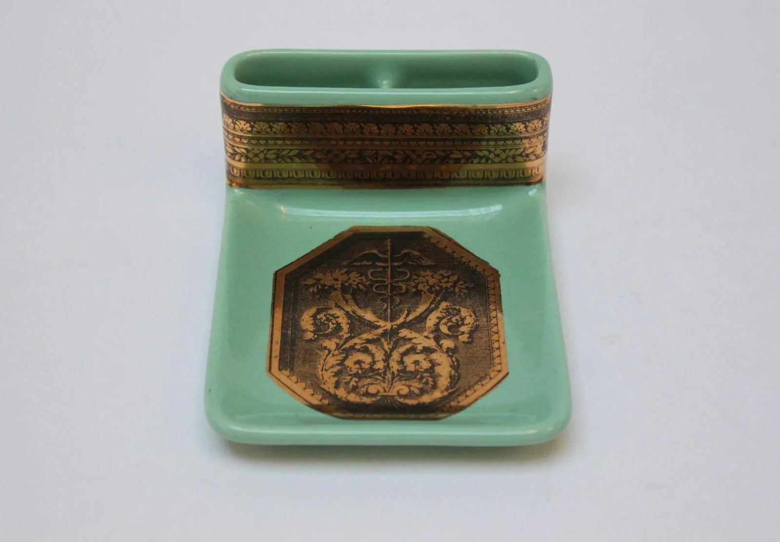 Vintage Piero Fornasetti "Caduceus" Lithograph Gilt Porcelain Green Ashtray - 2