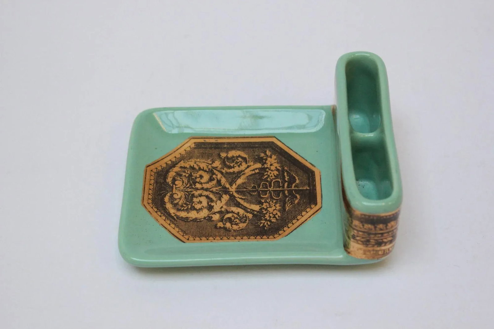Vintage Piero Fornasetti "Caduceus" Lithograph Gilt Porcelain Green Ashtray - 7