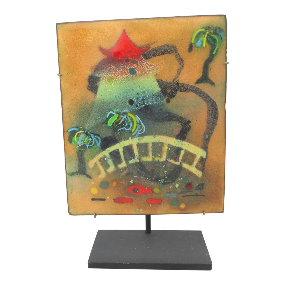 Mid-Century Enamel Painting on Copper Now Mounted to Stand: Beautifully conceived and executed panel. Composed of a temple image behind an arched bridge over water with fishes below. Colorful composition and balanced color palette. Now mounted on a sculpture