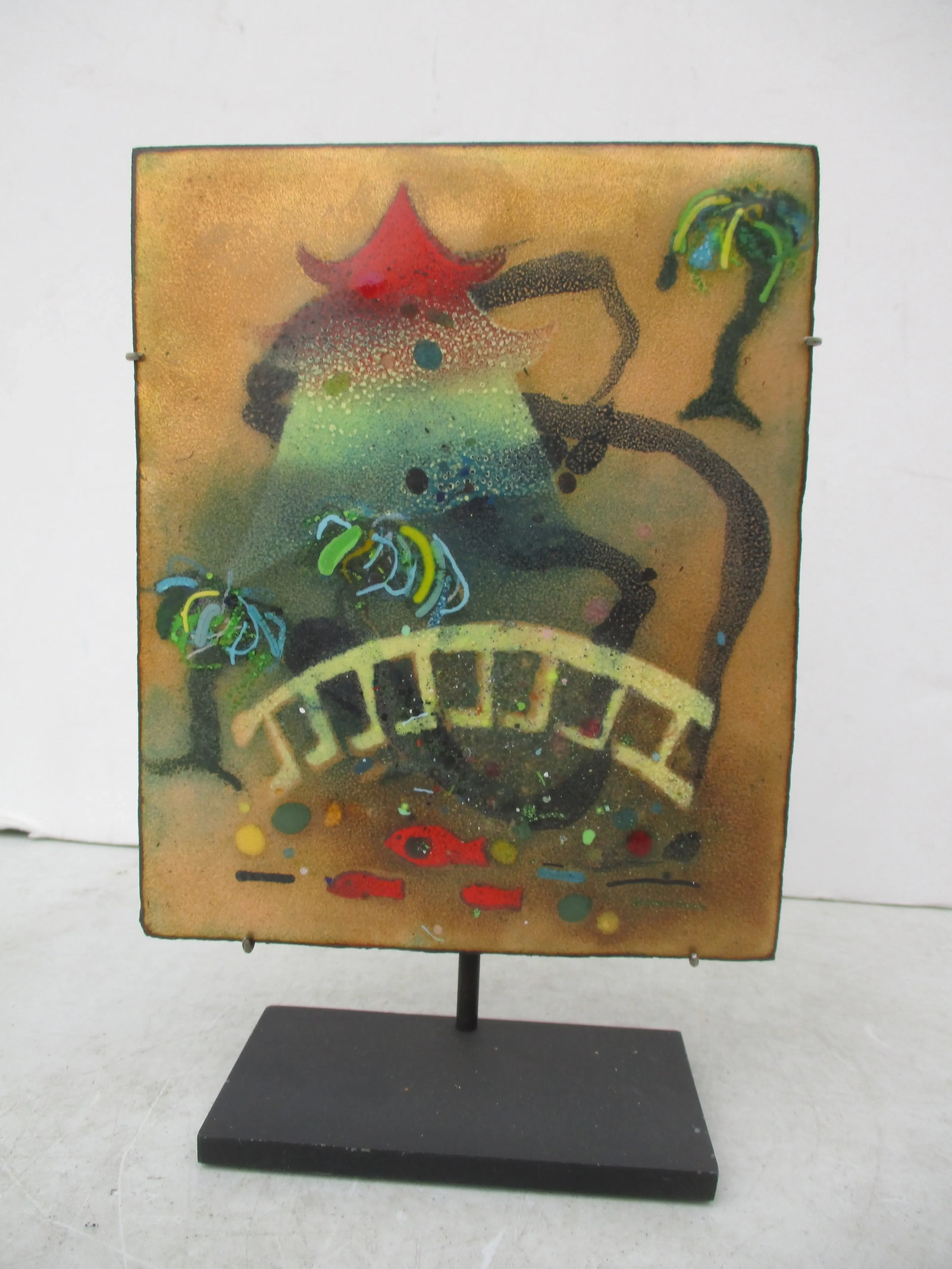 Mid-Century Enamel Painting on Copper Now Mounted to Stand - 3