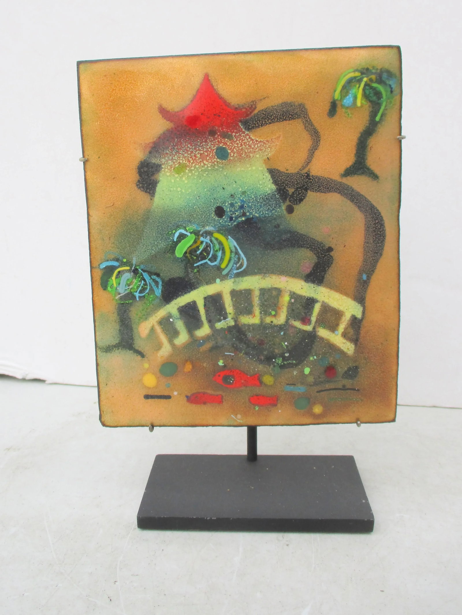 Mid-Century Enamel Painting on Copper Now Mounted to Stand - 7