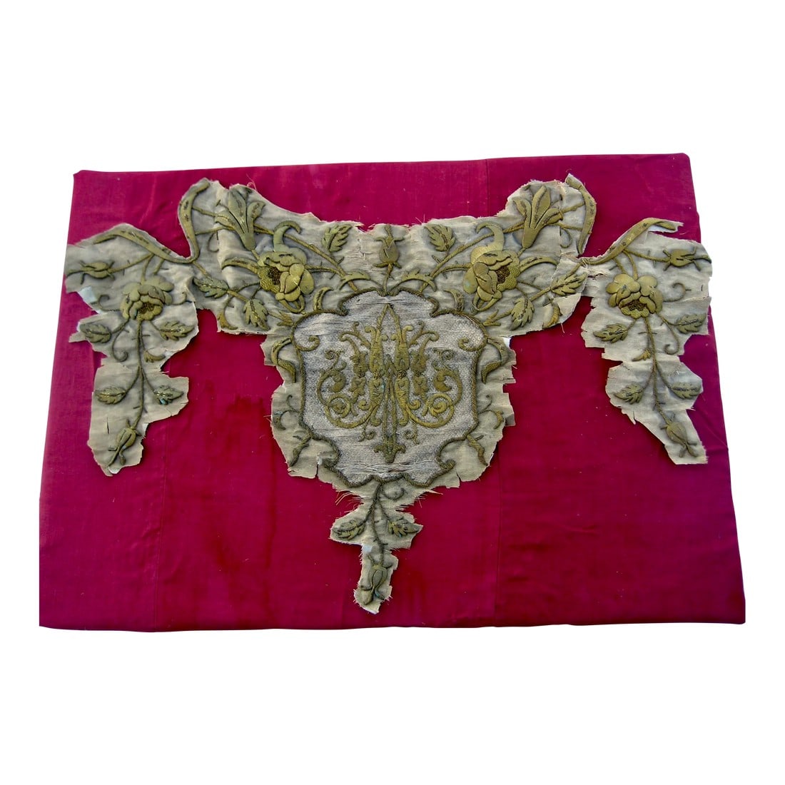 Early 19th Century Gold Embroidery Fragment Monogram MA: This fragment comes from a banner and is all metallic gold embroidered monogram MA , topical from the 1800 hundred you will find a thick embroidery with multiple flowers , always very elaborate it