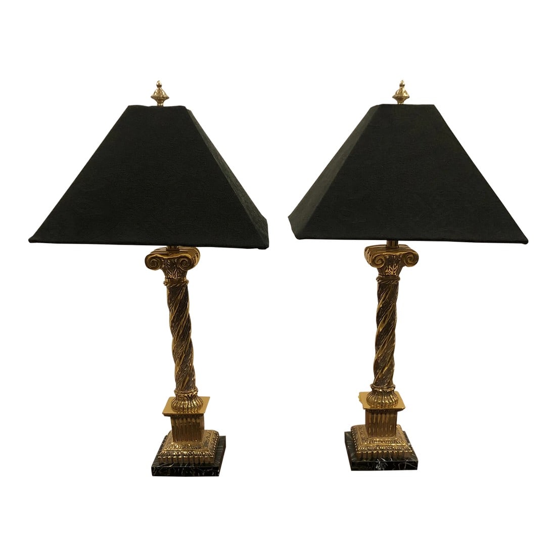 Frederick Cooper Brass Neoclassical Table Lamps -A Pair: Glamorous glistening warm coppery colored brass table lamps in the shape of neoclassical columns that rest on black marble 4.5 square bases. Custom textured fabric lampshades are a great elegant