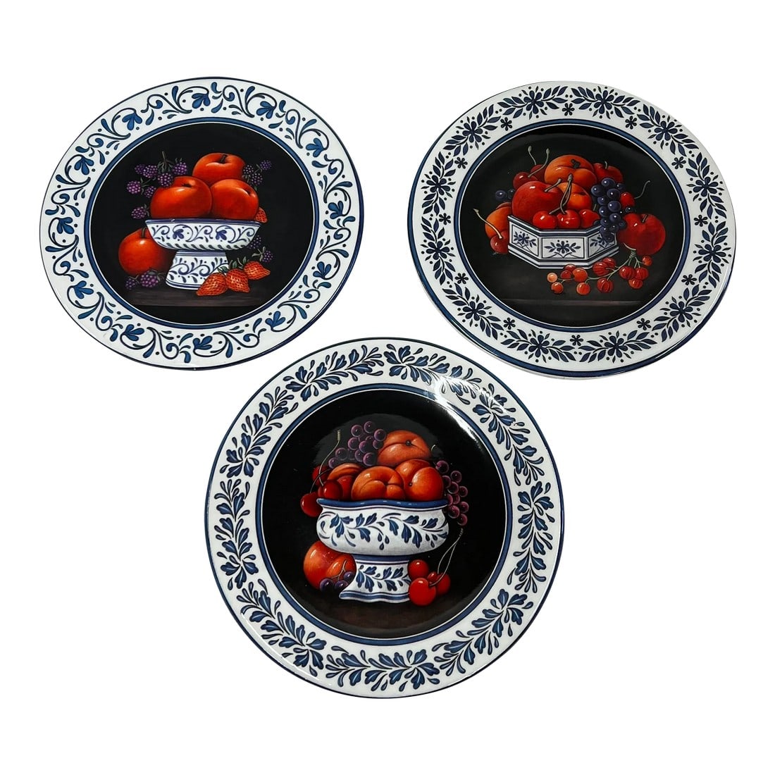 Italian Blue and White 8" Decorative Plates - Set of 3: Set of 3 Italian plates with coordinating patterns featuring red fruit in blue and white bowls. PGreat for a plate wall. Measure 8" diameter x .5" high. Condition: Alterations: Original Condition