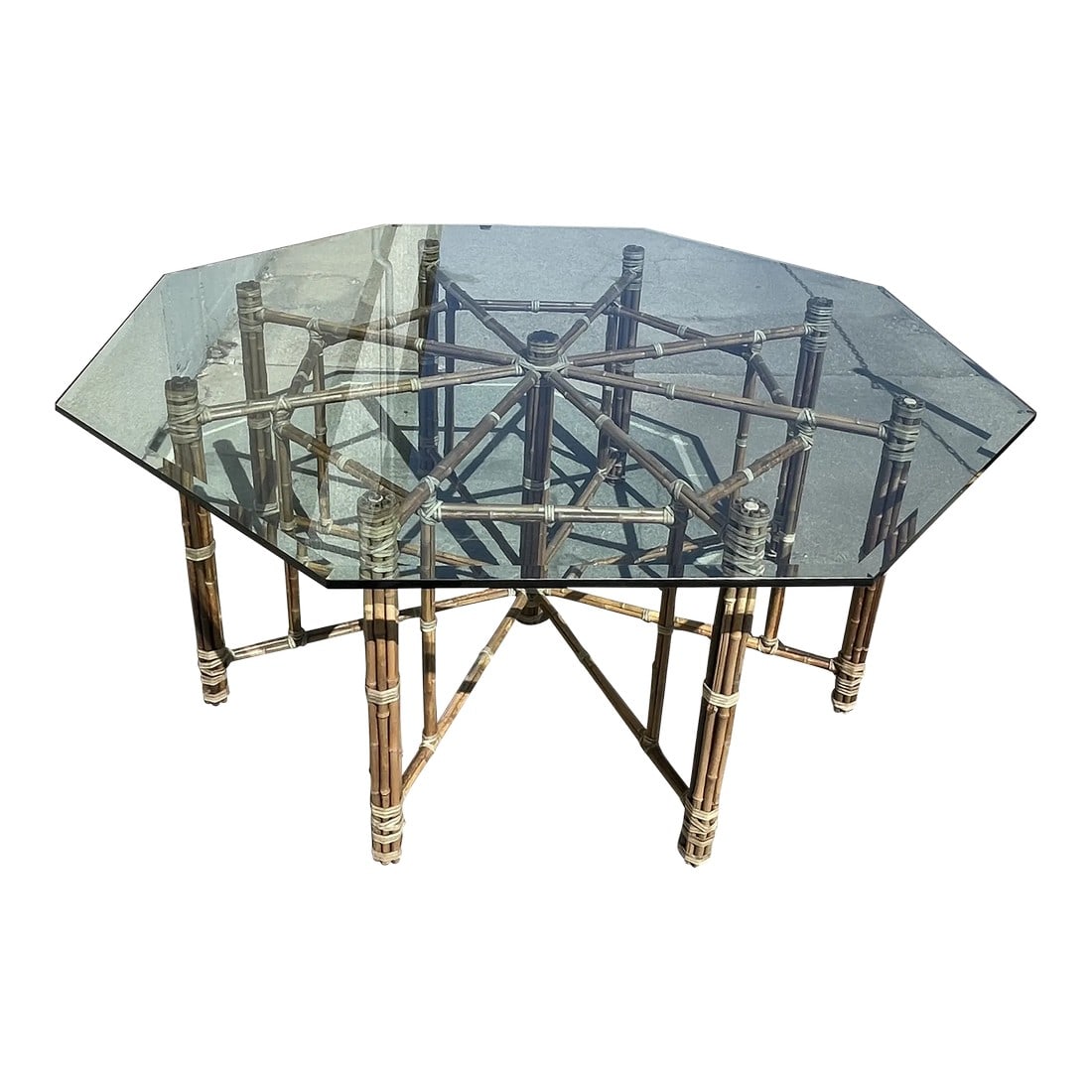 Octagonal McGuire Dining Table: Tremendously versatile McGuire bamboo dining table. I do have a matching set of dining chairs that go with this table. Entertain in high style! Condition: Alterations: Original Condition Unaltered