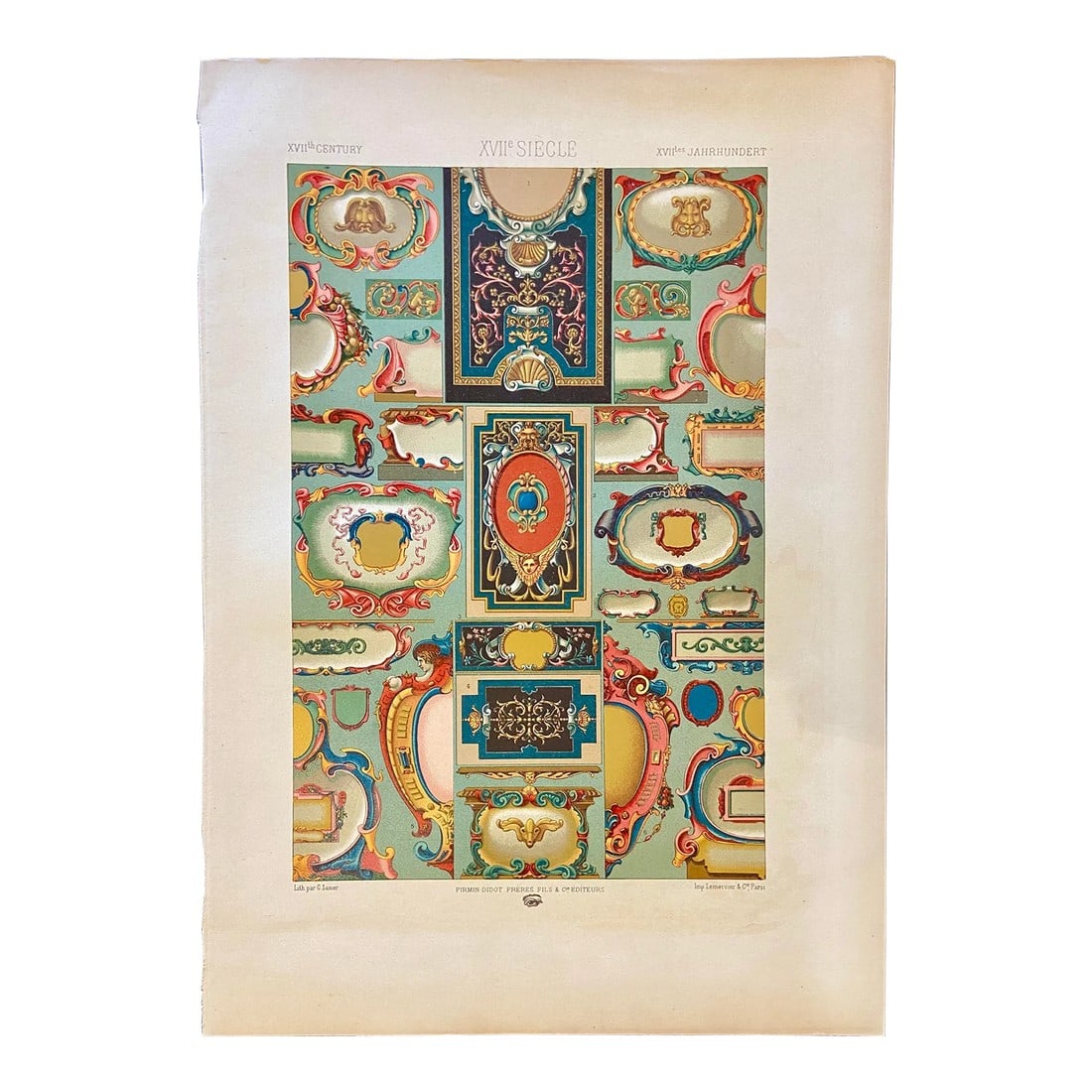1870 French Decorator Print, XVII Siecle, Auguste Racinet: Original print of Baroque styles From L'Ornement Polychrome ( Polychrome Ornament) by Auguste Racinet, printed by Imprimerie Firmin Didot Fils et Cie, Paris. This book was a reference ''to render