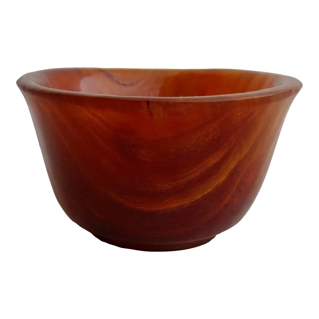 Chinese Ox Horn Cup: Chinese ox horn cup. Steamed and turned ox horn with strong amber color and wavey pattern of annual growth. The material is light and feels grainy to the touch, with growth rings shining on the surfac