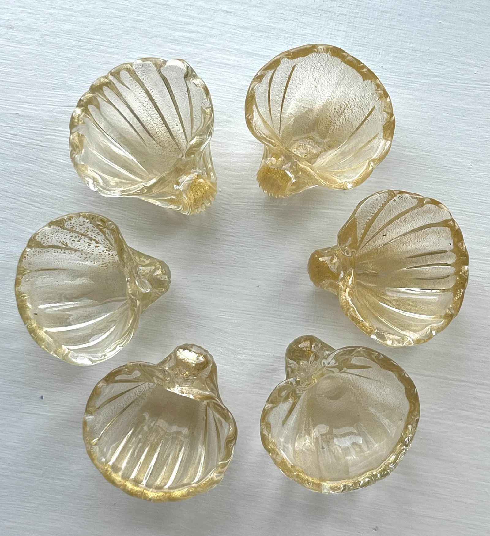 Set/6 Murano Gold Leaf Shell Shaped Salt Cellars, Nut Bowls - 2