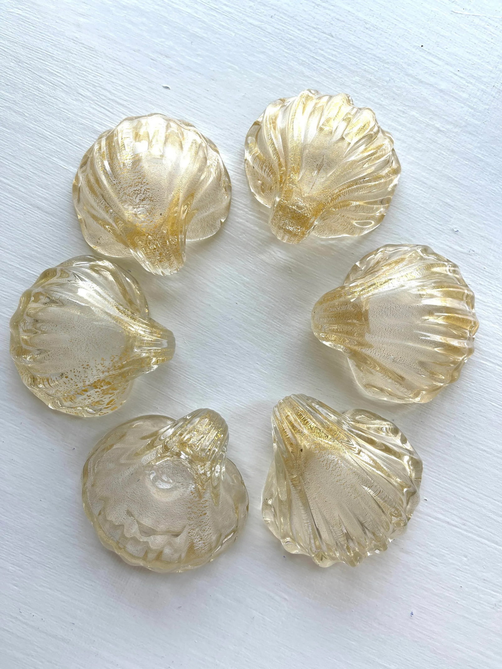 Set/6 Murano Gold Leaf Shell Shaped Salt Cellars, Nut Bowls - 3