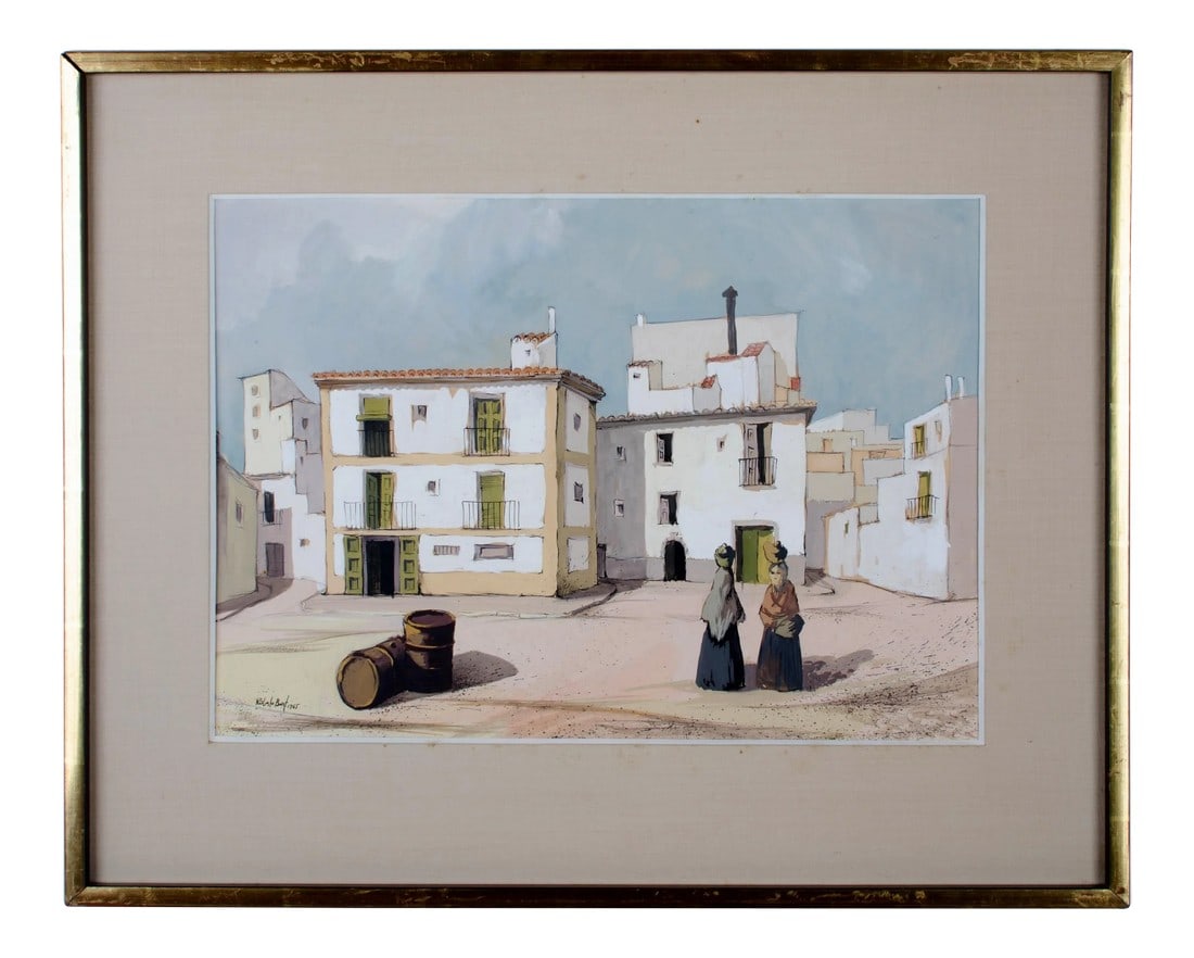 Roberto Bort Guache and Ink Painting c.1965: Roberto Bort (Spanish, b.1933) Offered is an ink and guache painting of a quiet pueblo scene with two women. sight: 12Â½ by 17Â½ inches frame: 18Â½ by 24Â¼