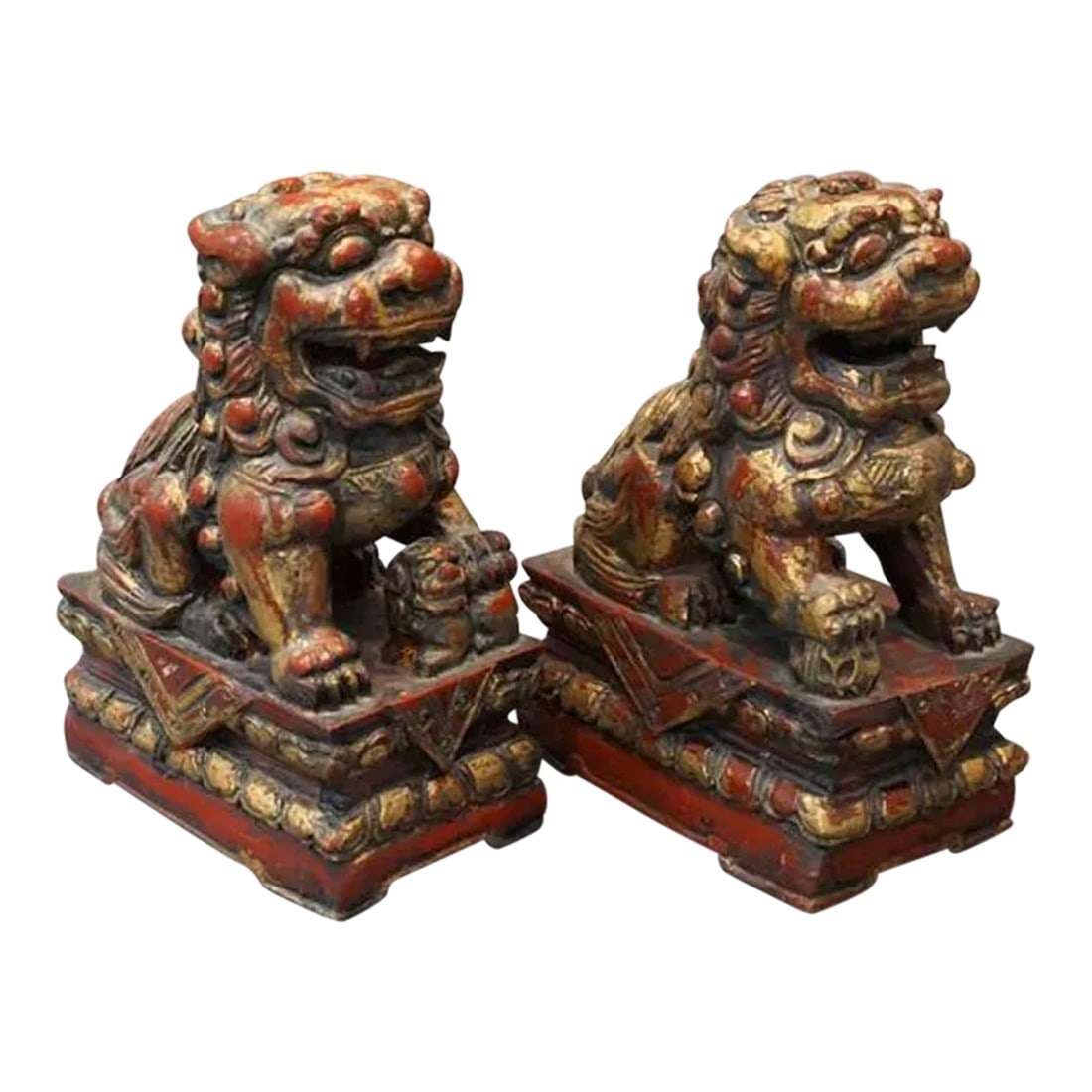A Pair of 19th Century Antique Gilt and Red Painted Foo Lion Sculpture: A pair of Antique 19th Century Gilt and Red Painted Foo Lion sculpture Condition: Alterations: Unknown Imperfections: Some Imperfections Condition Notes: Good Dimensions: Height: 13.96 in. Width: 6