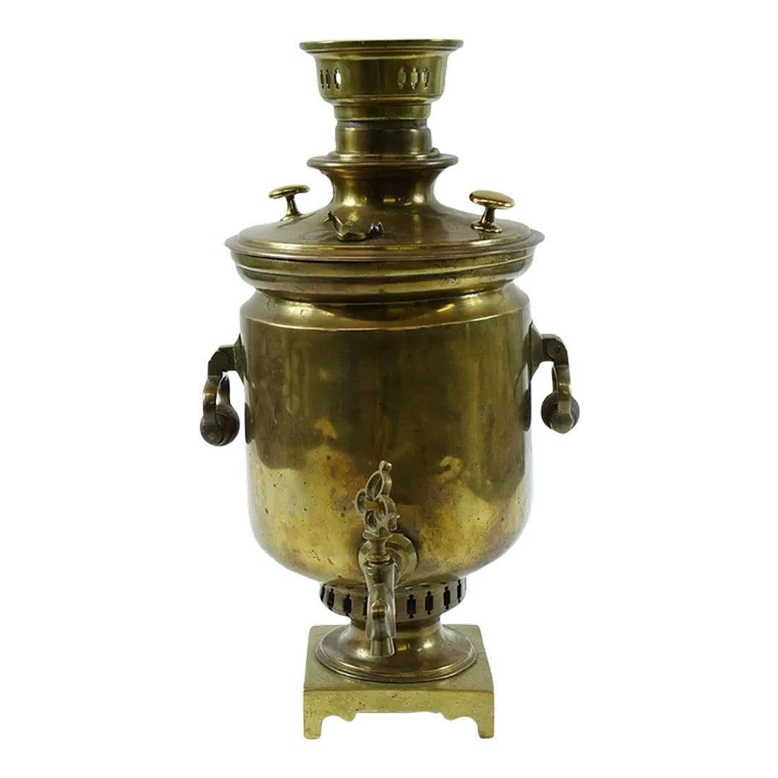 Antique Russian Brass Samovar: Antique Russian Brass Samovar Condition: Alterations: Unknown Imperfections: Some Imperfections Condition Notes: Good Condition. See pictures for more details. Dimensions: Height: 16 in. Width: 9.5