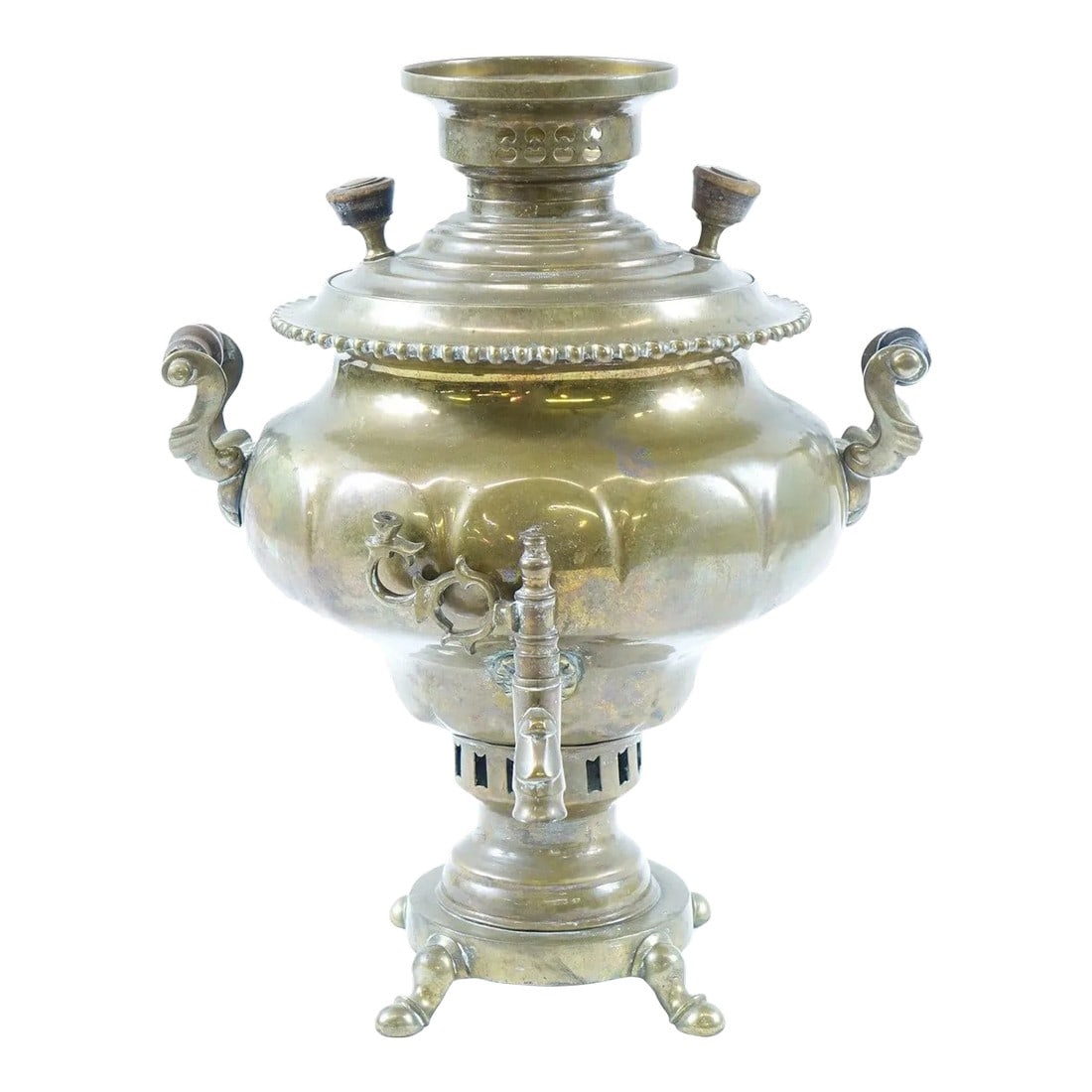 Antique Brass Samovar: Antique Brass Samovar Condition: Alterations: Unknown Imperfections: Some Imperfections Condition Notes: Good Condition. See pictures for more details. Dimensions: Height: 13.75 in. Width: 11 in.