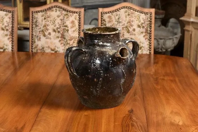19th Century French Provincial Glazed Pottery Pouring Jug with Three Handles - 3