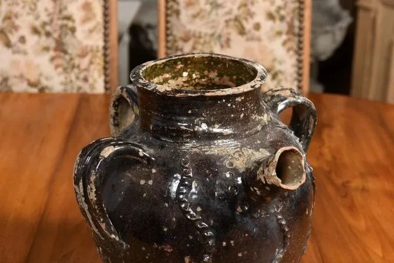19th Century French Provincial Glazed Pottery Pouring Jug with Three Handles - 4