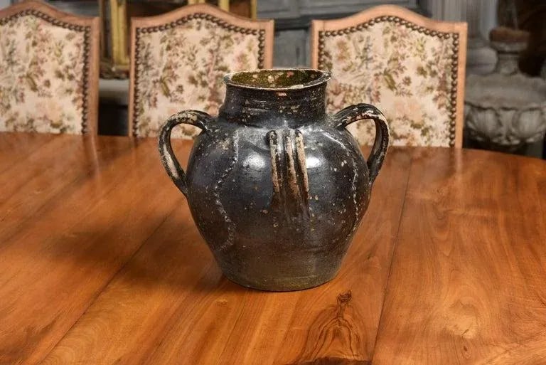 19th Century French Provincial Glazed Pottery Pouring Jug with Three Handles - 8