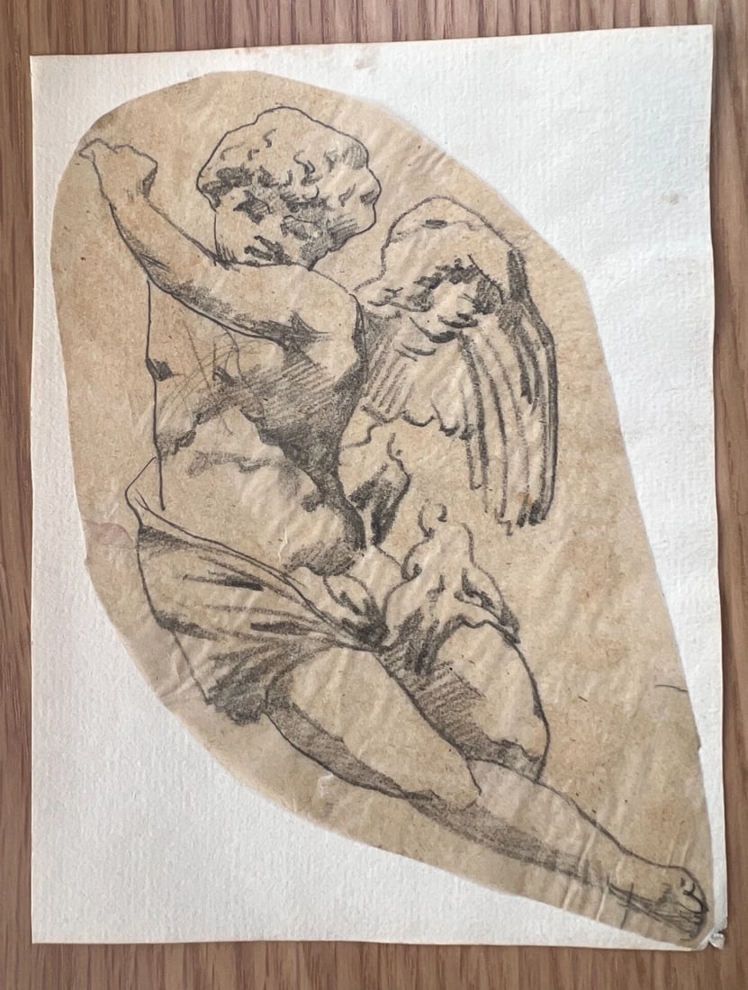 Putti Angel Portrait 19th century Drawing Antique Original - 6