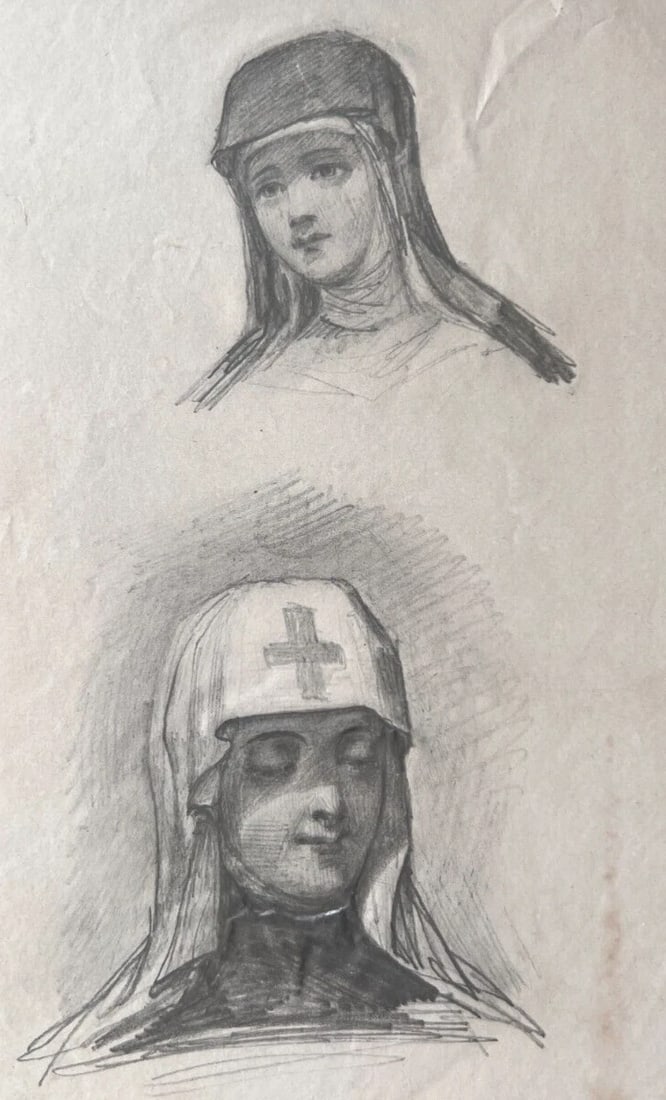 Woman Portrait , Nurse, Religious 19th century - Drawing Antique Original (1 of 6)