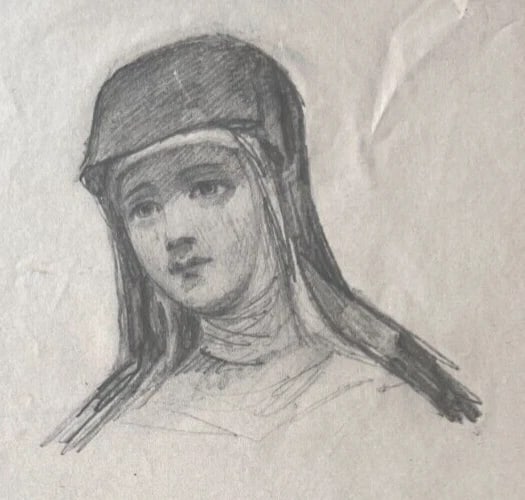 Woman Portrait , Nurse, Religious 19th century - Drawing Antique Original - 2