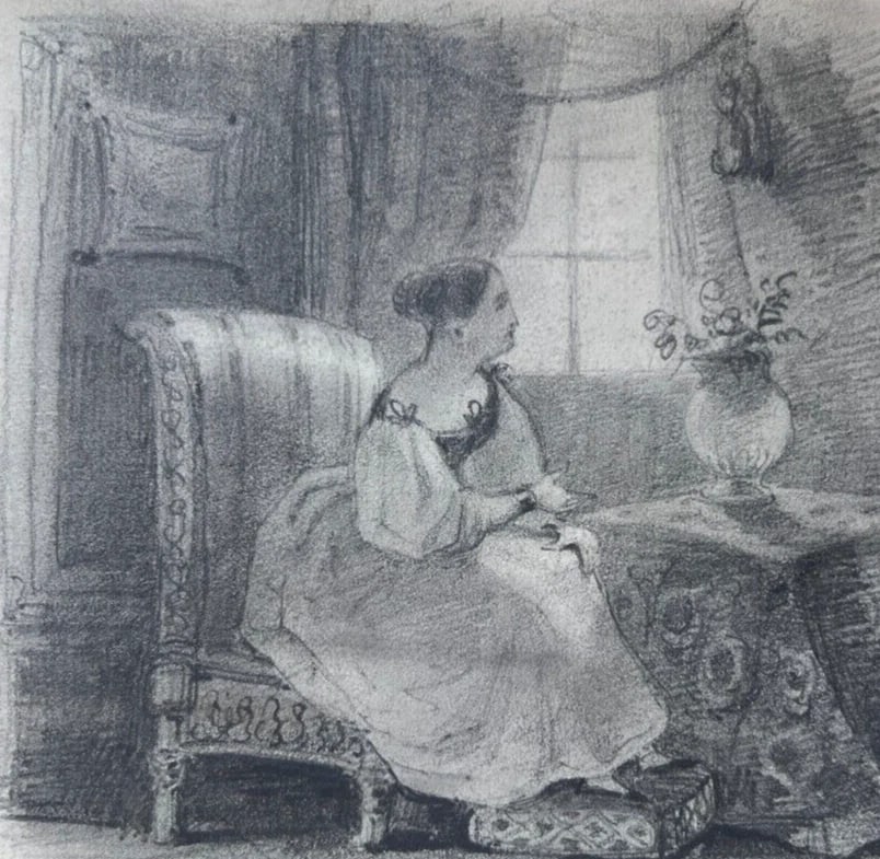 Woman Portrait, Flowers, Life Scene 19th century - Drawing Antique Original (1 of 6)