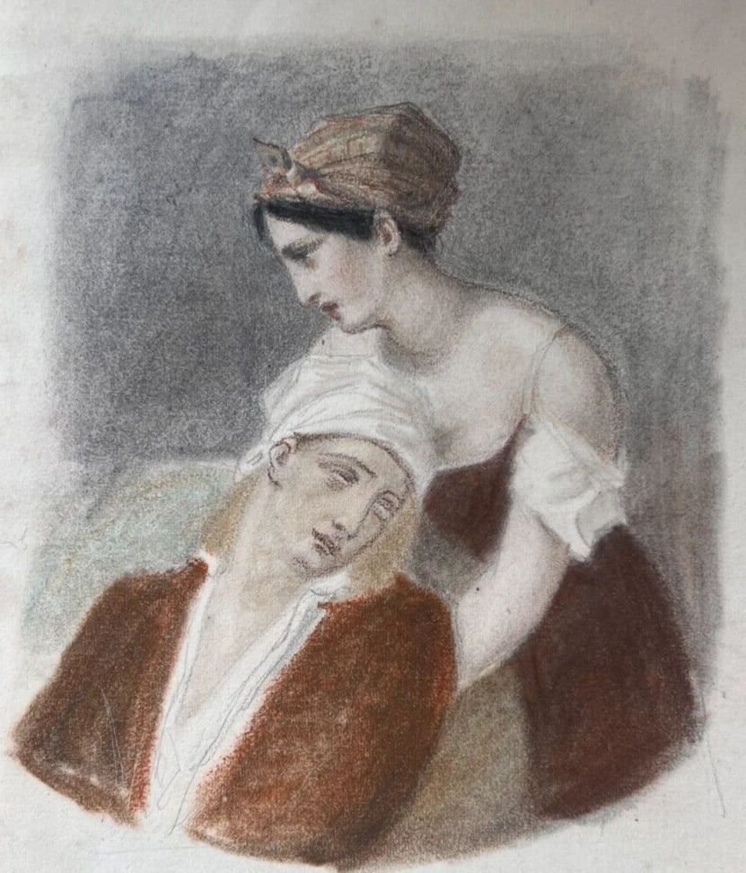 Woman, Man, Sick, Life Scene Portrait 19th century - Drawing Antique Original (1 of 6)