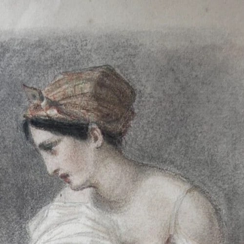 Woman, Man, Sick, Life Scene Portrait 19th century - Drawing Antique Original - 2