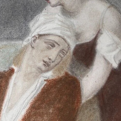 Woman, Man, Sick, Life Scene Portrait 19th century - Drawing Antique Original - 3