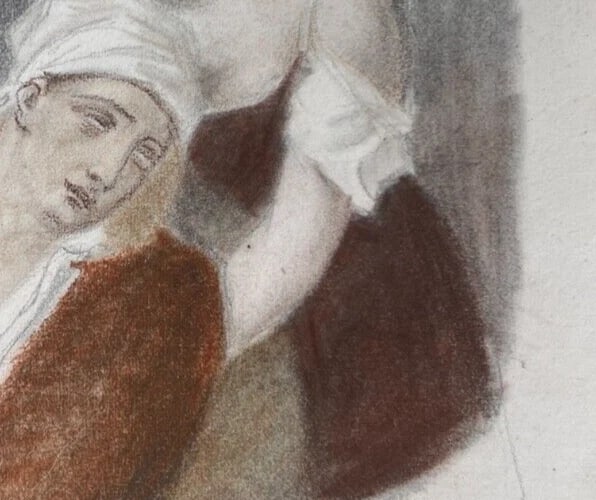 Woman, Man, Sick, Life Scene Portrait 19th century - Drawing Antique Original - 4
