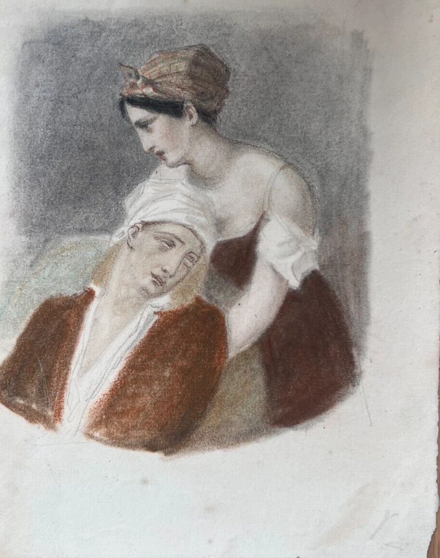 Woman, Man, Sick, Life Scene Portrait 19th century - Drawing Antique Original - 5