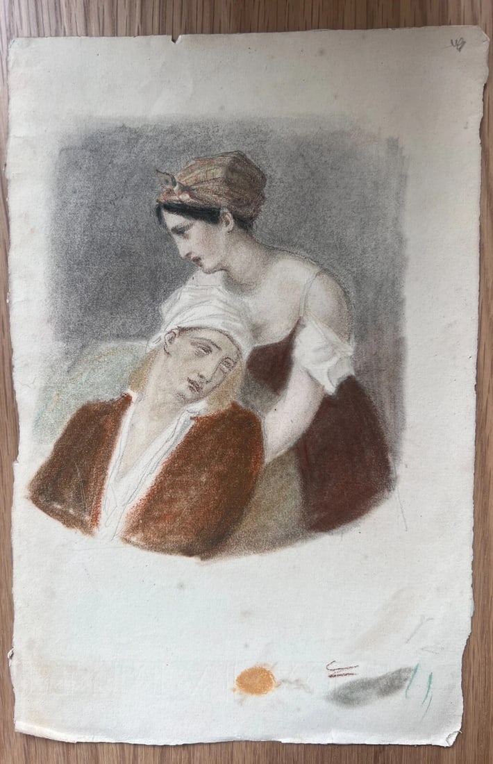 Woman, Man, Sick, Life Scene Portrait 19th century - Drawing Antique Original - 6
