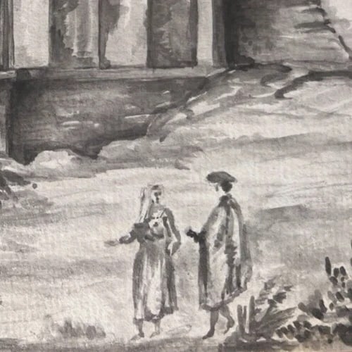 Landscape, People, Building 19th century - Drawing Antique Original - 2