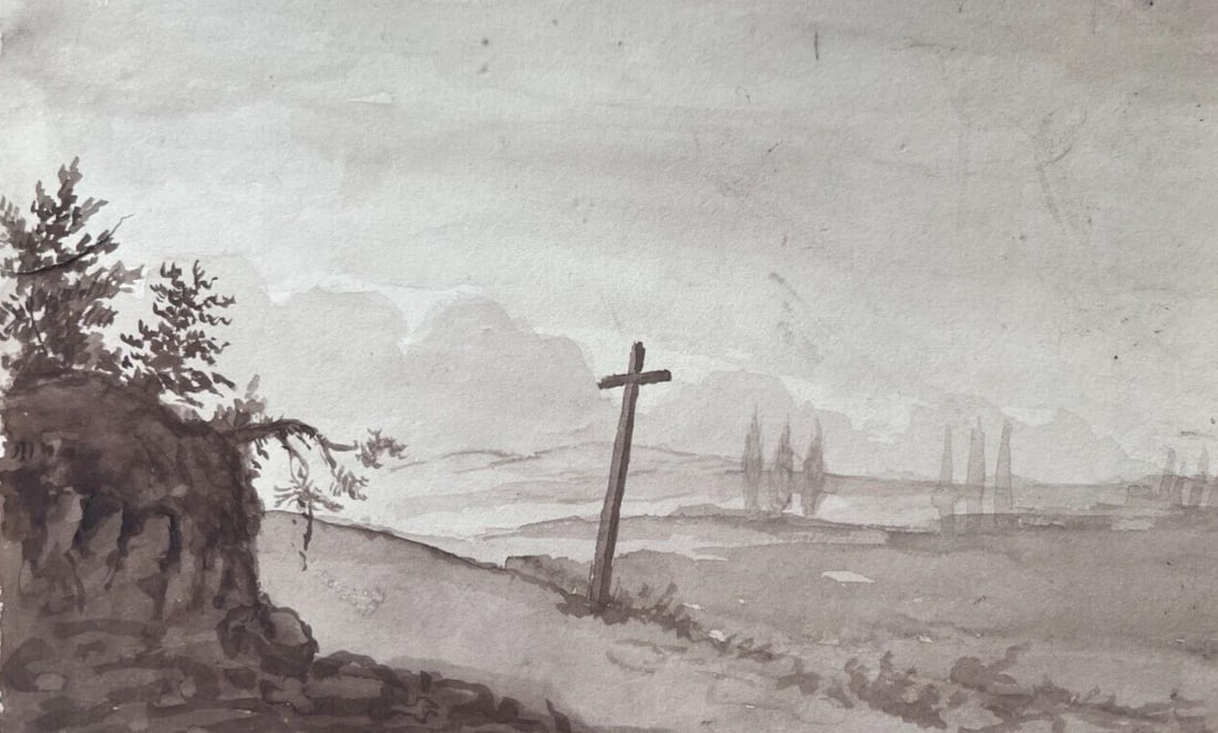 Landscape, Cross, Trees, Forest 19th century -Drawing Antique Original: Title: Landscape, Cross, Trees, Forest 19th century -Drawing Antique Original Description: Pencil on paper 12 x 10 cm stains, small cuts Reserve: $80.00 Shipping: Domestic: Flat-rate of $22.00 to anyw