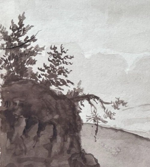 Landscape, Cross, Trees, Forest 19th century -Drawing Antique Original - 2