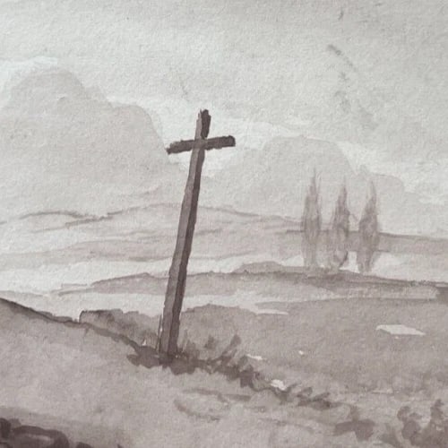 Landscape, Cross, Trees, Forest 19th century -Drawing Antique Original - 3