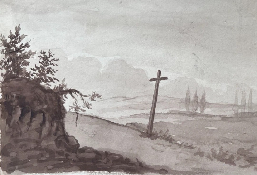 Landscape, Cross, Trees, Forest 19th century -Drawing Antique Original - 5