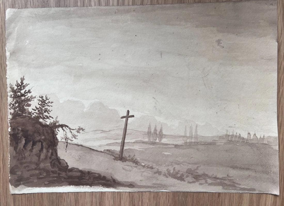Landscape, Cross, Trees, Forest 19th century -Drawing Antique Original - 6