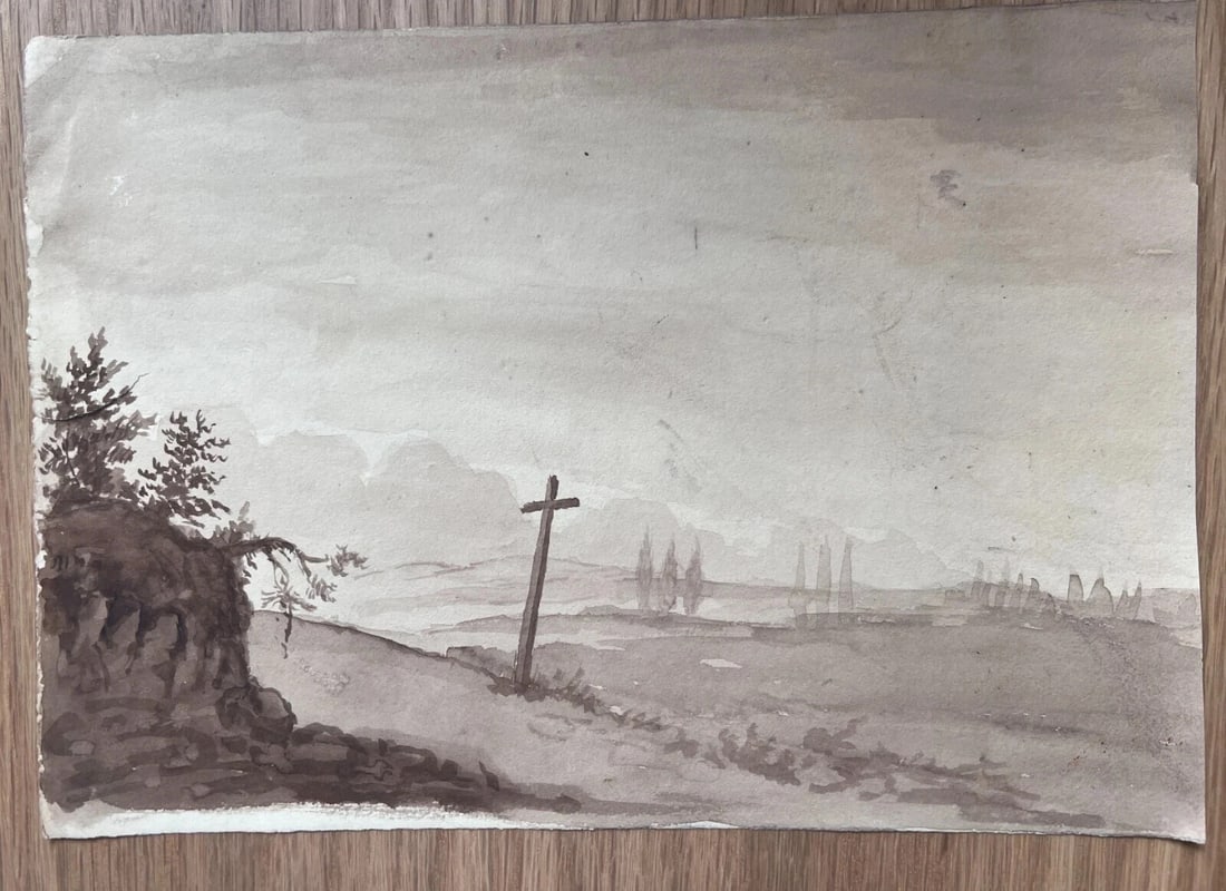 Landscape, Cross, Trees, Forest 19th century -Drawing Antique Original - 7