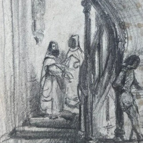 People Life Scene Sketch 19th century - Drawing Antique Original - 3