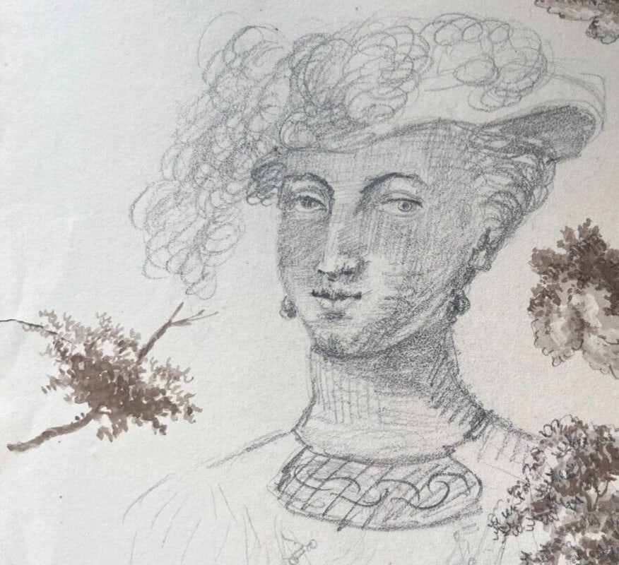 Woman Portrait with Hat, Trees 19th century -Drawing Antique Original (1 of 8)