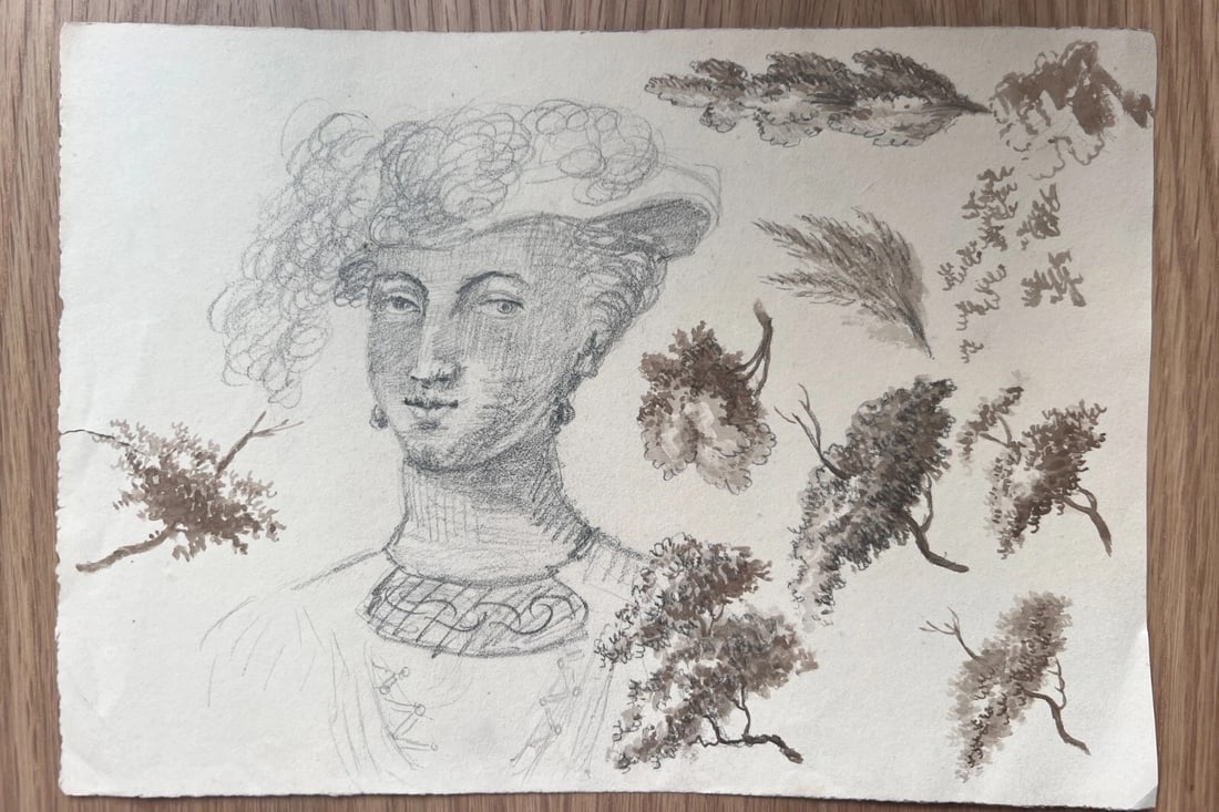 Woman Portrait with Hat, Trees 19th century -Drawing Antique Original - 2