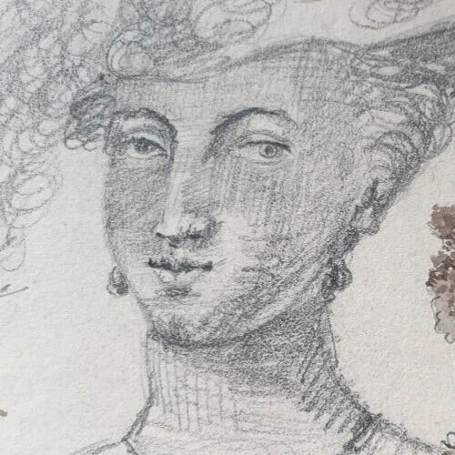Woman Portrait with Hat, Trees 19th century -Drawing Antique Original - 3