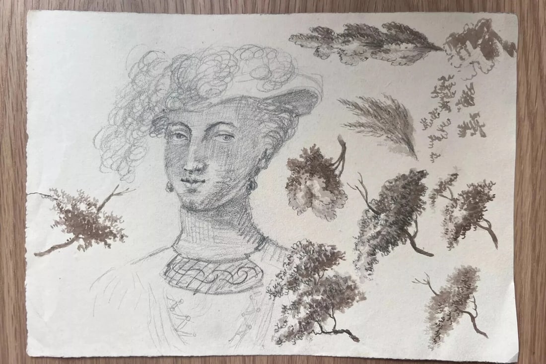 Woman Portrait with Hat, Trees 19th century -Drawing Antique Original - 5